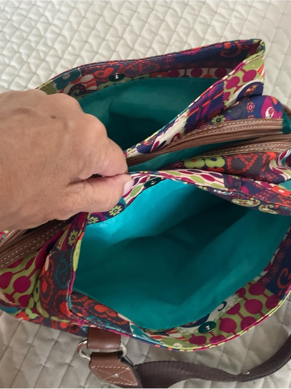 Lily Bloom Multicolor Patchwork Floral & Paisley Backpack with Brown Trim